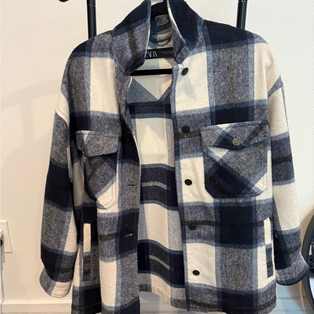 Zara Navy and White Checkered Shirt Jacket